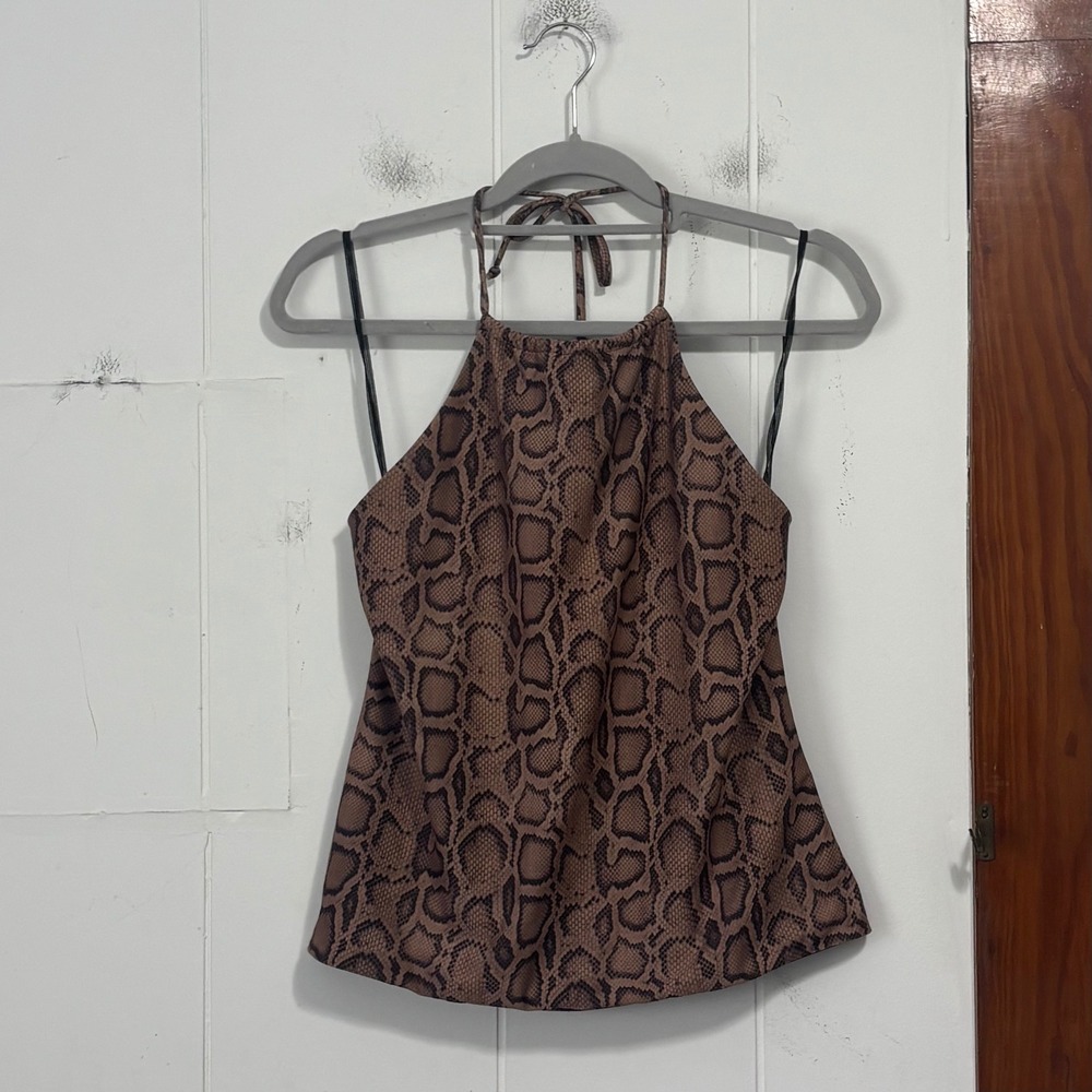 Y2K No Boundaries Womens Snakeskin Halter Top Cobra Brownâ Open Back Large 11/13